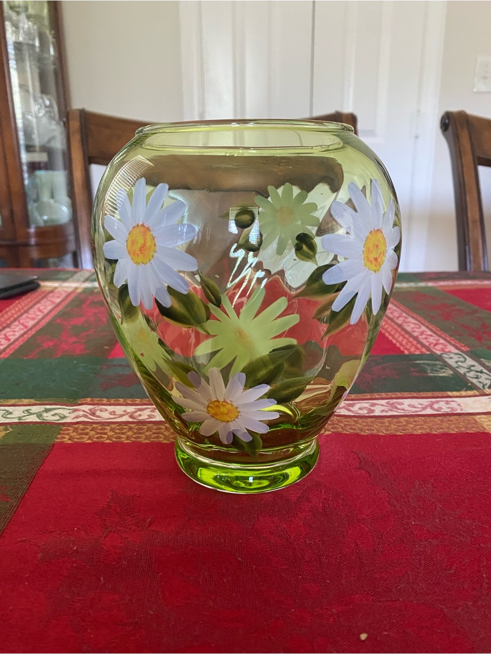 Vintage Lime Green Glass Vase Hand-Painted Daisies Vase Teleflora 7”